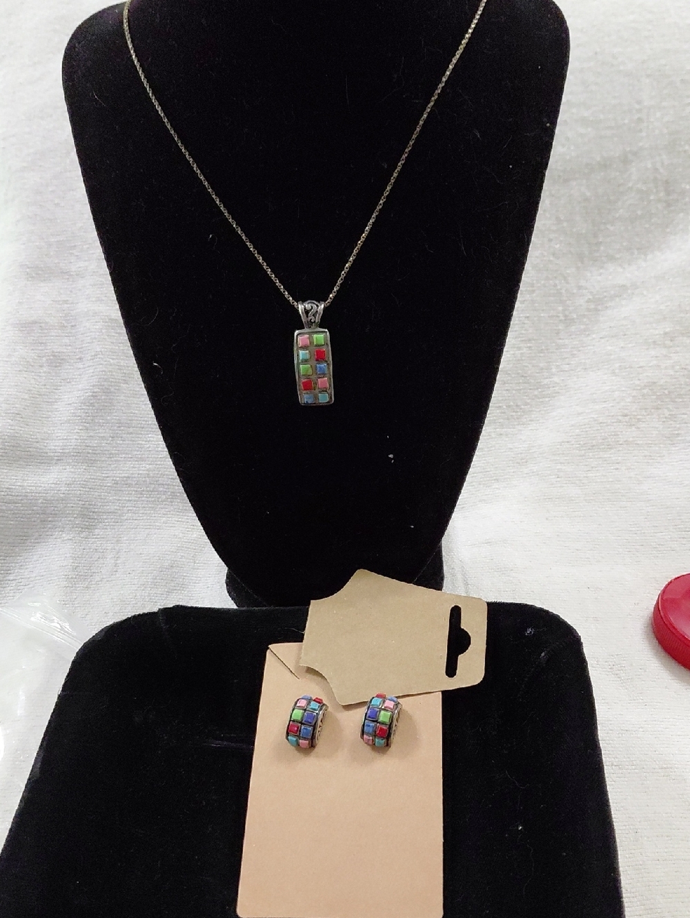 Multicolor Tile Pendant Necklace with Matching Hoop Earrings - Women Jewelry